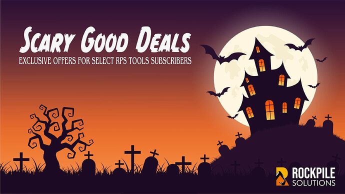 Hero Banner - RPS Scary Good Deals - Exclusive Deals for Select RPS Tools Subscribers - Halloween scary house & graveyard theme
